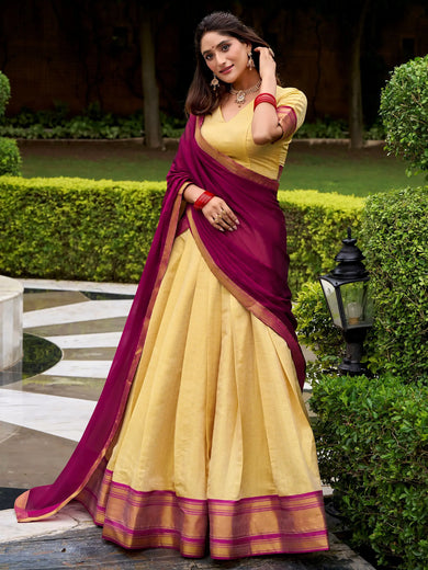 Wonderful Beige Zari Weaving Kanjivaram Traditional Half Saree Lehenga
